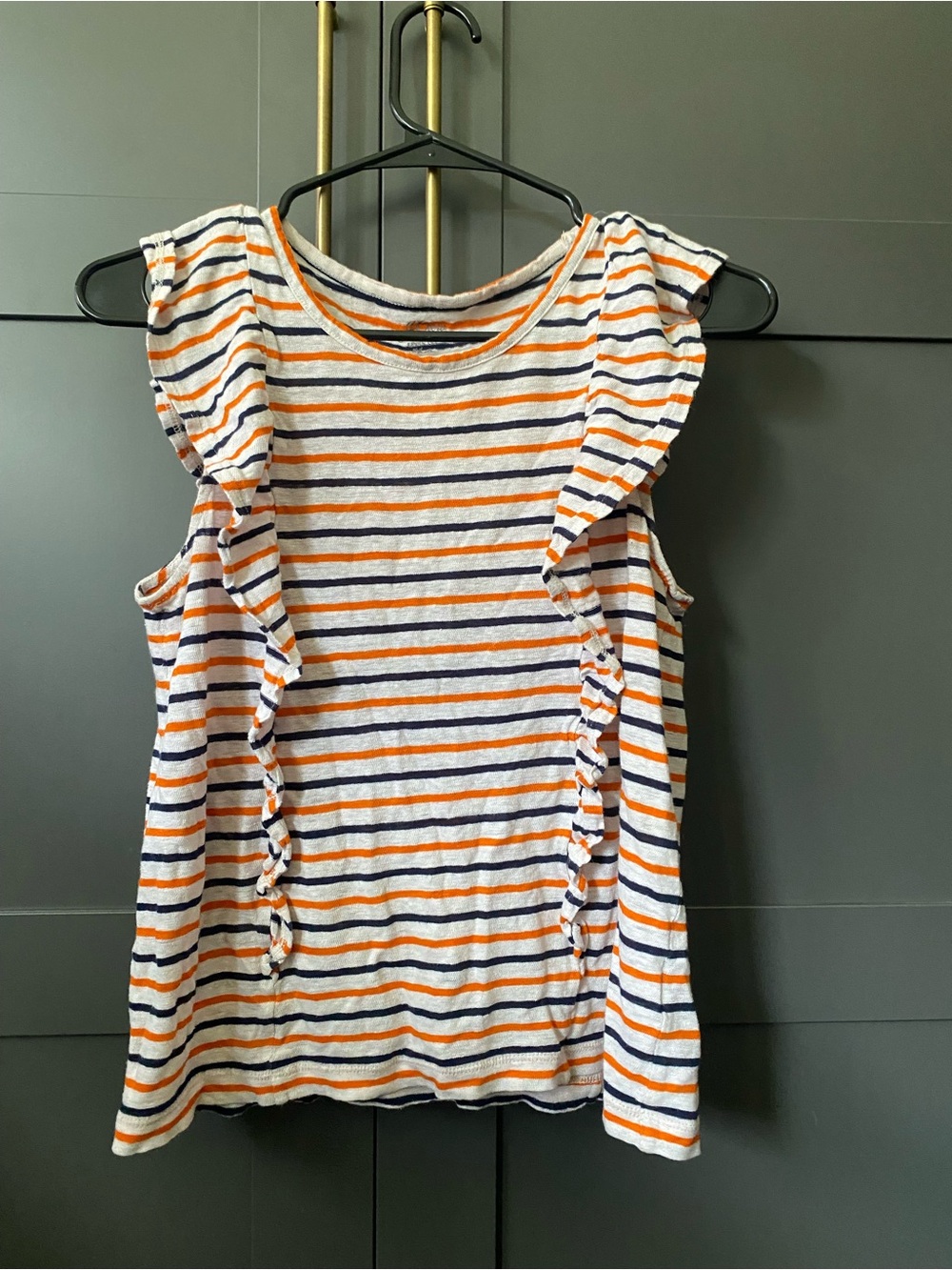 Striped Ruffle Sleeve Tank Top — White, Navy & Orange